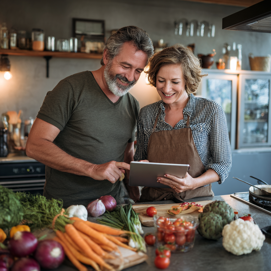 Middle-aged adults planning healthy meals together in modern kitchen