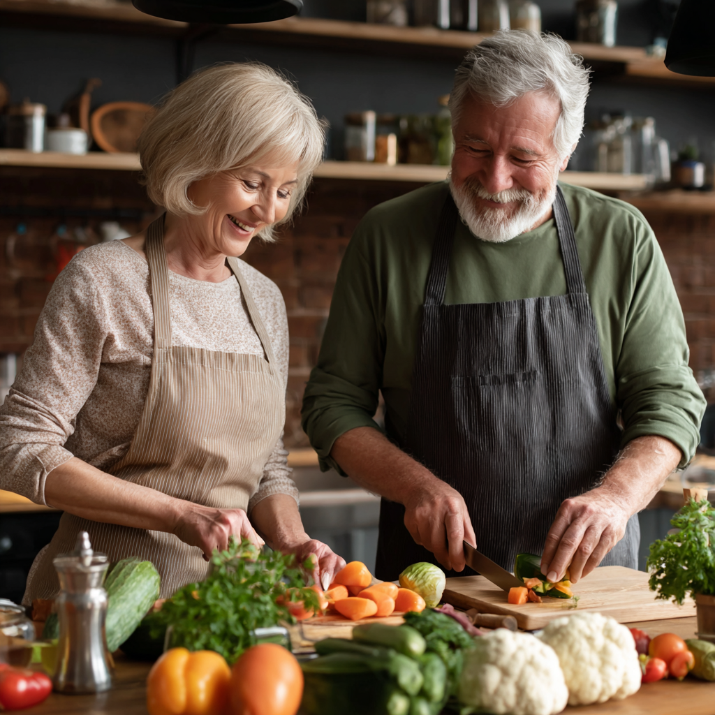 Satisfied mature couple cooking healthy meal together following personalized nutrition plan
